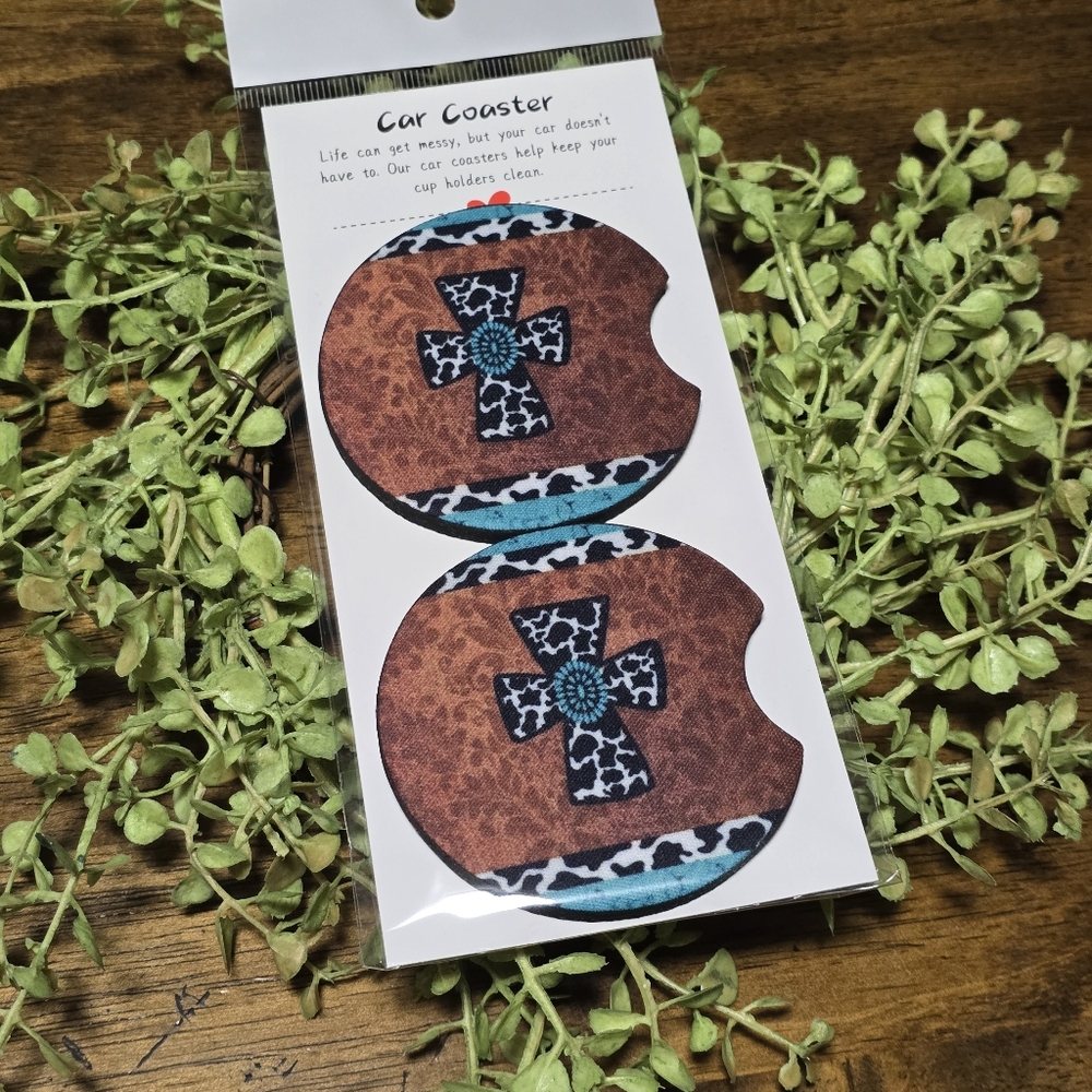 Western Cross Car Coaster Set - Brown & Turquoise